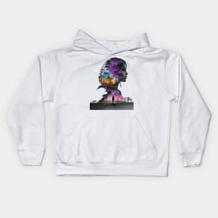 Ethereal Woman Silhouette Blending With Surreal Sunset Landscape in Monochrome Shades Kids Hoodie